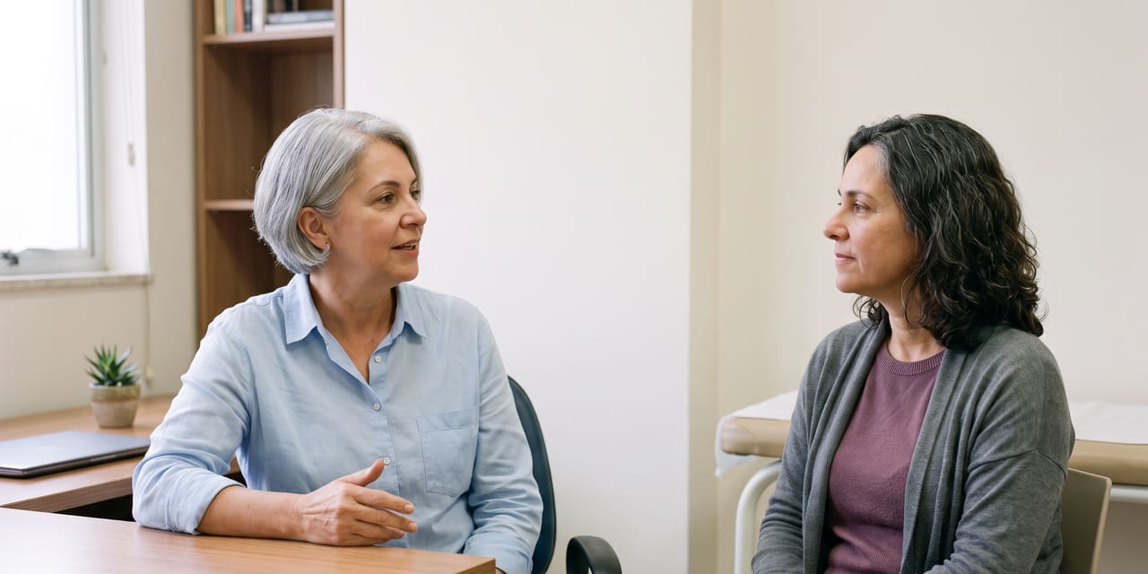 Duas mulheres adultas fictícias conversam sentadas em um consultório claro: à esquerda, uma mulher de cabelo grisalho curto e camisa azul fala e gesticula; à direita, a profissional, de cabelo escuro ondulado e cardigã cinza, escuta com atenção.